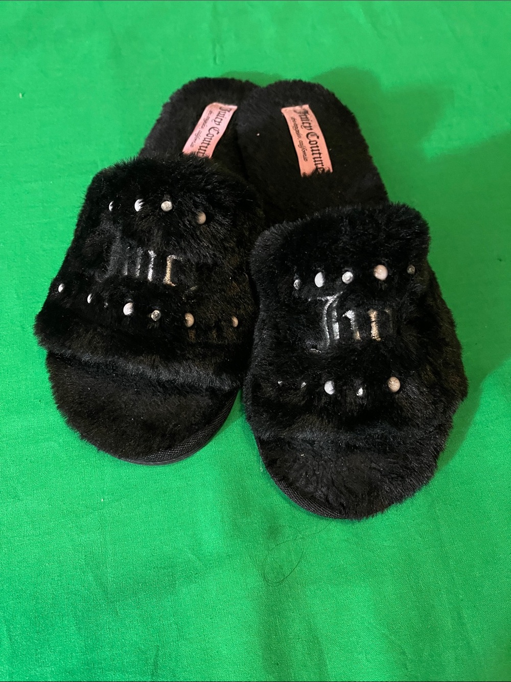 Juicy Couture Girls Black Faux-Fur Slide Slippers with Stud Accents
